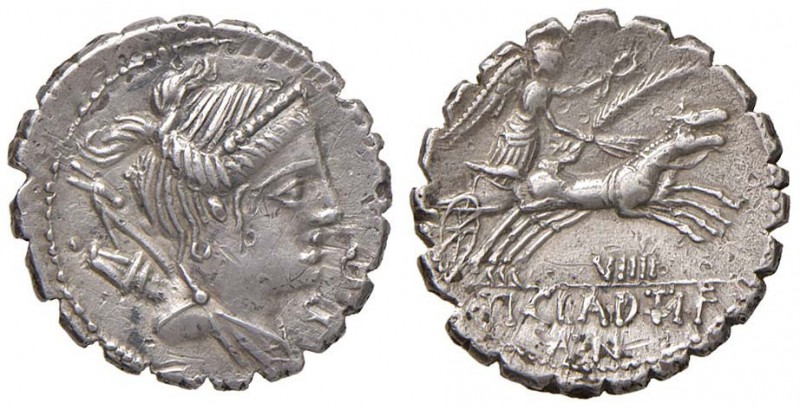 Claudia - Ti. Claudius - Denario (79 a.C.) Busto di Diana a d. - R/ La Vittoria ...