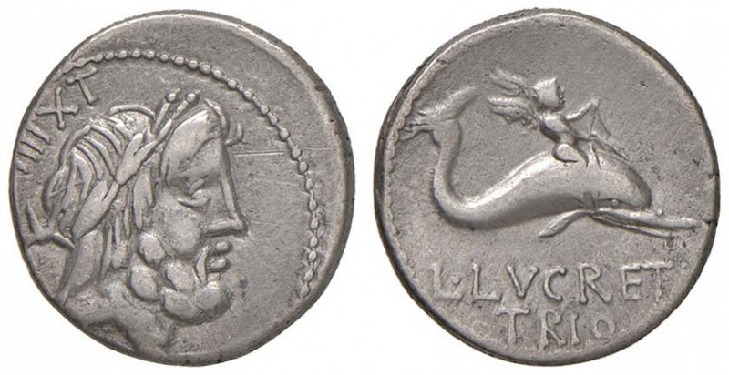 Lucretia - L. Lucretius Trio - Denario (76 a.C) Testa del Nettuno a d. - R/ Cupi...