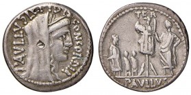 Aemilia - L. Aemilius Lepidus Paullus - Denario (62 a.C.) Testa della Concordia a d. - R/ Lucio Emilio Paolo con Perseo ed i figli - B. 10; Cr. 415/1 ...