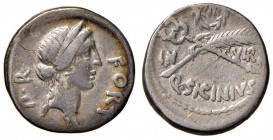 Sicinia - Q. Sicinius - Denario (49 a.C.) Testa della Fortuna a d. - R/ Caduceo e ramo di palma decussati - B. 5; Cr. 440/1 AG (g 3,66)
MB