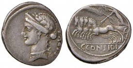 Considia - C. Considius Paetus - Denario (46 a.C.) Testa di Venere a s. - R/ La Vittoria su quadriga a s. - B. 7; Cr. 465/4 AG (g 3,73)
BB