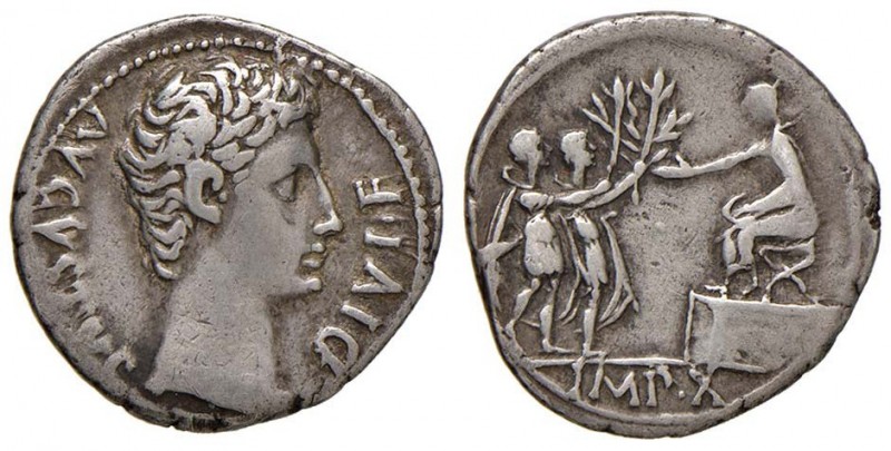 Augusto (27 a.C.-14 d.C.) Denario (Lugdunum) Testa a d. - R/ Augusto di fronte a...