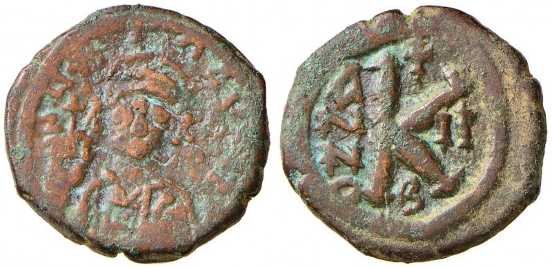 BISANZIO Maurizio Tiberio (582-602) Mezzo follis - Busto di fronte - R/ Lettera ...