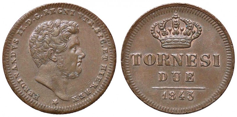 NAPOLI Ferdinando II (1830-1859) 2 Tornesi 1843 - Magliocca 735 CU (g 6,58) Trac...