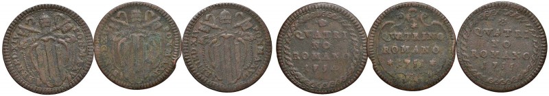 Benedetto XIV (1740-1758) Quattrino 1751, 1754, 1755 - CU Lotto di tre monete
M...