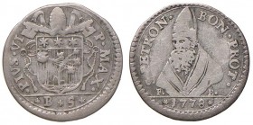Pio VI (1774-1799) Bologna - Carlino da 5 bolognini 1778 - Munt. 229 AG (g 1,28) Mancanza di metallo al bordo
BB