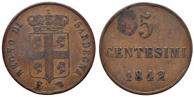Carlo Alberto (1831-1849) 5 Centesimi 1842 T per la Sardegna - Nomisma 739 CU RR Macchia al R/
qBB