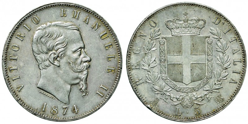 Vittorio Emanuele II (1861-1878) 5 Lire 1874 M &ndash; Nomisma 896 AG Colpetti a...