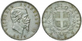 Vittorio Emanuele II (1861-1878) 5 Lire 1874 M &ndash; Nomisma 896 AG Colpetti al bordo
qFDC