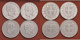 Vittorio Emanuele II (1861-1878) 5 Lire 1870 M, 1873 M, 1874 M e 1875 M - AG Lotto di quattro monete
qBB-BB
