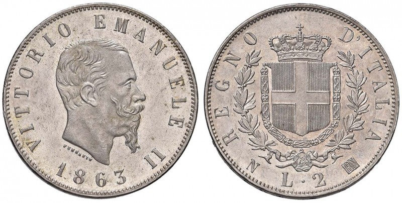 Vittorio Emanuele II (1849-1861) 2 Lire 1863 N stemma - Nomisma 905 AG Minimi co...