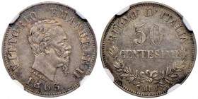 Vittorio Emanuele II (1861-1878) 50 Centesimi 1863 M Valore - Nomisma 925 AG In slab NGC “AU DETAILS surface hairlines” 4246210-006
qFDC