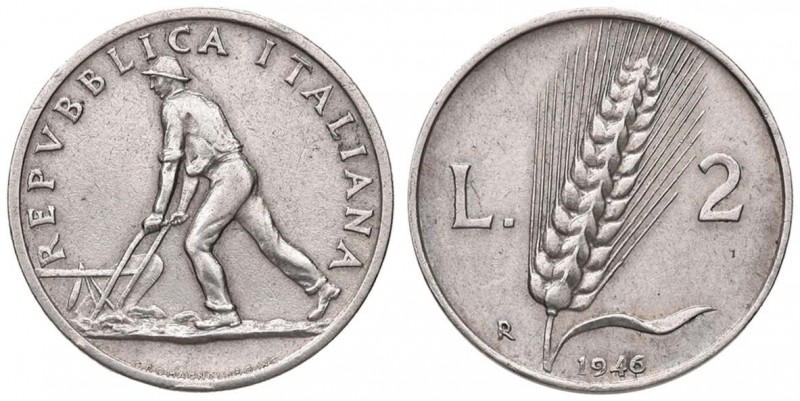 REPUBBLICA ITALIANA (1946-) 2 Lire 1946 - IT R Colpetto al bordo 
BB+