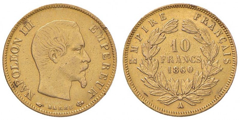 FRANCIA Napoleone III (1852-1870) 10 Francs 1860 A - Gad. 1014 AU (g 3,20) Colpe...