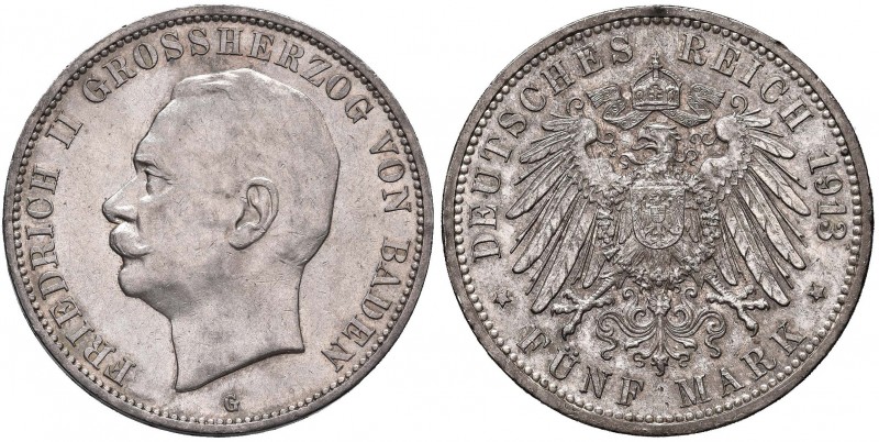 GERMANIA Baden - Federico II (1907-1818) 5 Marchi 1913 - KM 281 AG (g 27,79) Min...