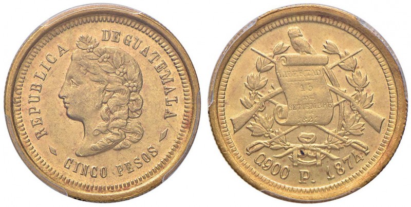 GUATEMALA 5 Pesos 1874 P - Fr. 45 AU RR In slab PCGS AU58 cod.967198.58/33221363...