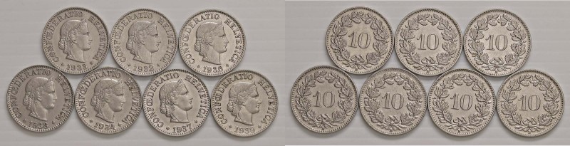 SVIZZERA 10 Rappen 1932, 1933, 1934, 1936, 1937, 1938, 1939 - KM 27b; Sch. 25b; ...