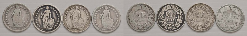 SVIZZERA ½ Franken 1875, 1877, 1878 e 1879 - KM 23; Sch. 27 AG Lotto di 4 monete...