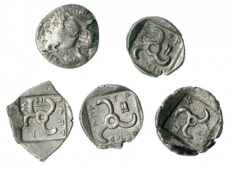 Lote 5 dióbolos. Dinastías de Licia (460-360 a.C.). A/ Cabeza de león. R/ Trisqu...