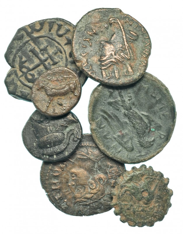 Lote 7 piezas: 4 bronces griegos, 2 bronces greco-púnicos y 1 bronce cruzadas. B...