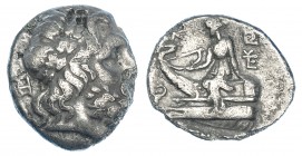 TESALIA. Magnetes. Dracma. 196-146 a.C. AR 3,53 g. A/ Cabeza laureada de Zeus a der. R/ Ártemis sentada sobre proa a izq. COP-153. SBG-2136. Pequeñas ...
