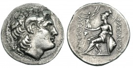 REYES DE TRACIA. Lisímaco. Tetradracma (297-281 a.C.). A/ Cabeza de Alejandro con cuerno de Amón. R/ Atenea con Niké, delante flor. AR 14,61 g. SBG-68...