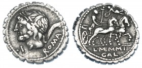MEMMIA. Denario. Roma (106 a.C.). A/ Delante de la cara de Saturno . I. CRAW-313/1. FFC-907. Pequeñas marcas. MBC.