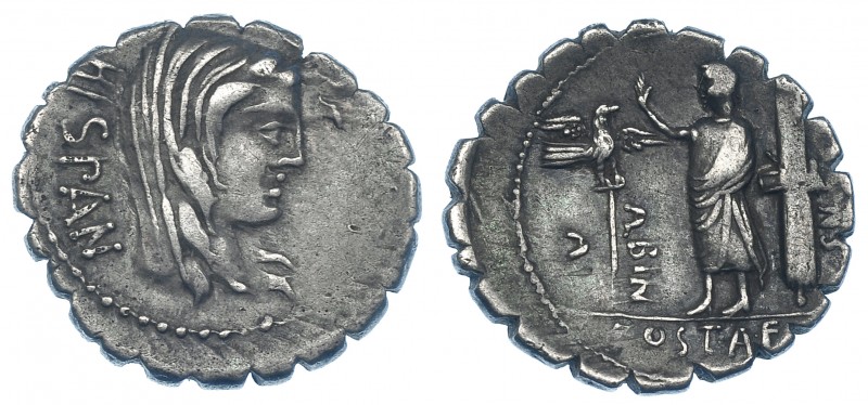 POSTUMIA. Denario. Roma (81 a.C.). A/ Cabeza de Hispania. R/ Togado entre aquila...