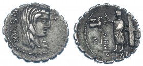 POSTUMIA. Denario. Roma (81 a.C.). A/ Cabeza de Hispania. R/ Togado entre aquila y fasces. CRAW-372/2. FFC-1072. MBC.