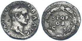 GALBA. Denario. Roma (68-69 d.C.). A/ Cabeza desnuda a der. R/ SPQR/OB/CS dentro de láurea. RIC-167. Golpe en anv. y erosiones. MBC-.