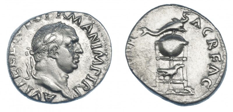 VITELIO. Denario. Roma (69 d.C.). R/ Trípode con delfín y cuervo; (XV VI)R SACR ...