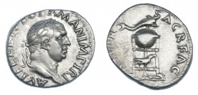 VITELIO. Denario. Roma (69 d.C.). R/ Trípode con delfín y cuervo; (XV VI)R SACR FAC. RIC-70. Algo descentrada. MBC+. Rara.