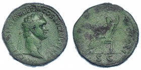 DOMICIANO. Sestercio. Roma (90-91). R/ Júpiter sentado a izq. con Victoria y cetro; (IOVI) VICTORI, SC. RIC-388. Pátina verde con erosiones en rev. BC...