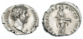 ADRIANO. Denario. Roma (132-134). R/ Liberalitas a der. con cornucopia; LIBERALITAS AVG COS III P P. RIC-216. Cospel abierto. EBC-.