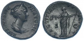 FAUSTINA LA MENOR. Sestercio. Roma (161). R/ Laetitia a izq. con corona y cetro; LAETITIAE PVBLICAE. RIC-1378c. Pátina verde. MBC.