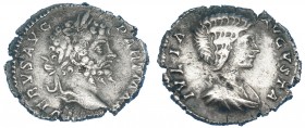 SEPTIMIO SEVERO. Denario. Roma (200-201). R/ Busto de Julia Domna; IVLIA AVGVSTA. RIC-161a. Erosiones en el canto. MBC-. Muy escasa.