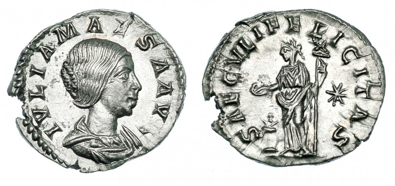 JULIA MAESA. Denario. Roma (220-221). R/ Felicitas a izq. con caduceo y pátera s...