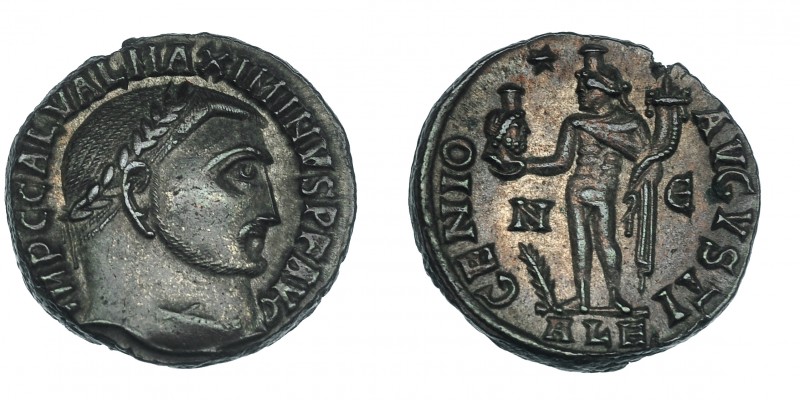 MAXIMINO. Follis. Alejandría (312). R/ GENIO AVGVSTI; marca de ceca */N/ palma-E...