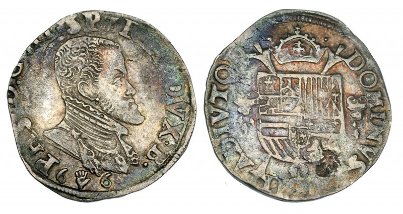 1/5 de escudo. 1566. Amberes. Fecha 6 6 bajo el busto. Vandhoudt-271 AN. Hoja en...