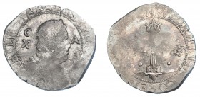 10 reales. Cagliari. Fecha no visible. Olivares-1er. tipo. Acuñación muy floja. MBC-.