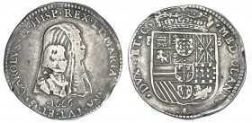 1/2 felipe. 1666. Milán. A/ Busto de Carlos y Mariana de Austria. Olivares-280. BC+/MBC. Rara.