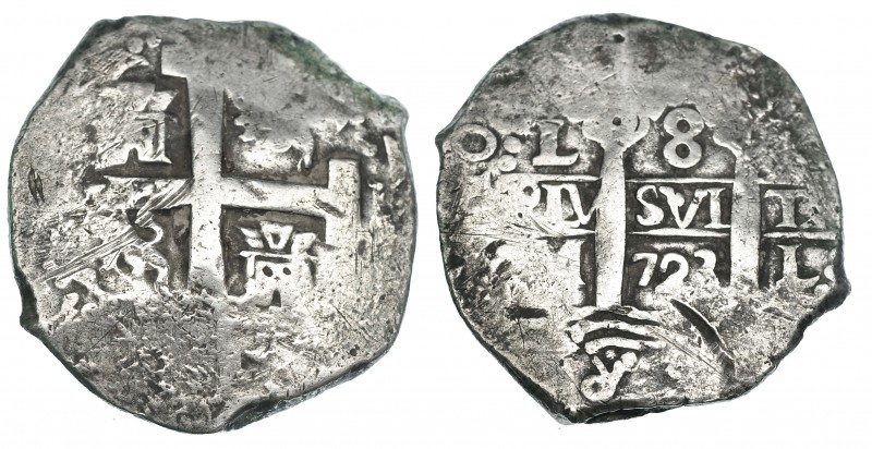 8 reales. 1723. Lima M. VI-1029. Rayas en anv. y rev. MBC.