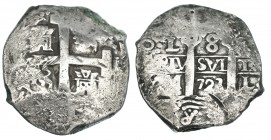 8 reales. 1723. Lima M. VI-1029. Rayas en anv. y rev. MBC.