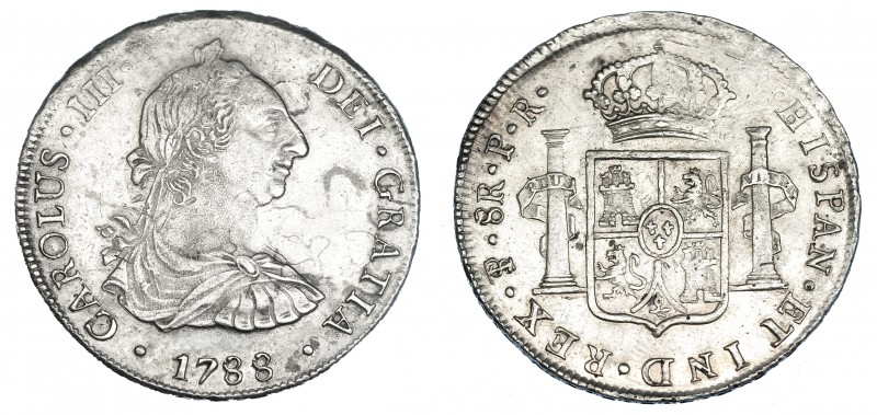 8 reales. 1788. Potosí PR. VI-996. Marcas. Flan grande. MBC+.