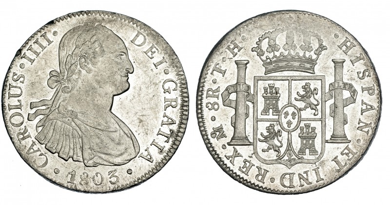 8 reales. 1803. México. TH. VI-801. Dos golpecitos en gráfila y leva acuñación f...