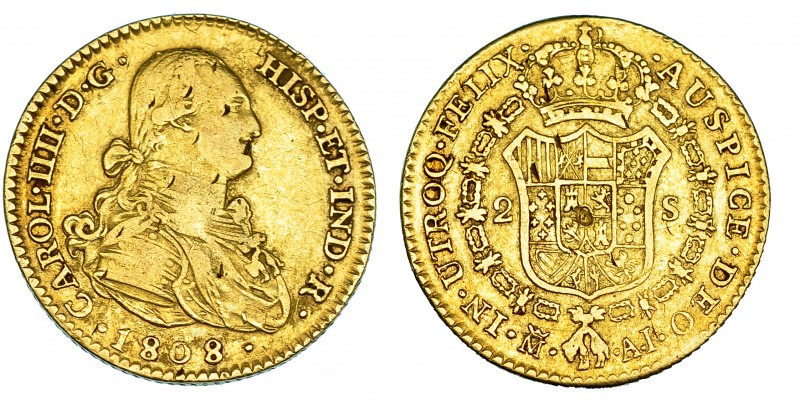 2 escudos. 1808. Madrid. AI. VI-1061. Golpes en anv. y rev. MBC-.