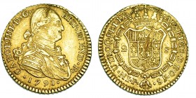 2 escudos. 1791. Popayán. SF. Numeral del rey IIII. VI-1104. Raya en rev. y golpecito en rev. MBC+.