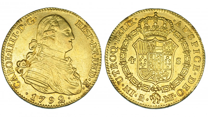 4 escudos. 1792. Madrid. MF. VI-1196. Estuvo engarzada. Pequeñas marcas. MBC.