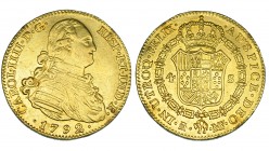4 escudos. 1792. Madrid. MF. VI-1196. Estuvo engarzada. Pequeñas marcas. MBC.
