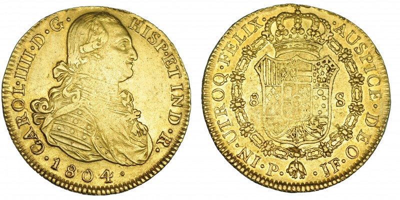 8 escudos. 1804. Popayán. JF. VI-1384. Canto golpeado. Vano en rev. MBC.